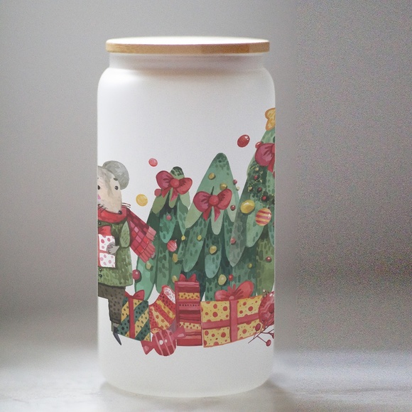 Christmas Character Glasses cup 16 oz glass cup with Straw & Bamboo Lid - Picture 3 of 6